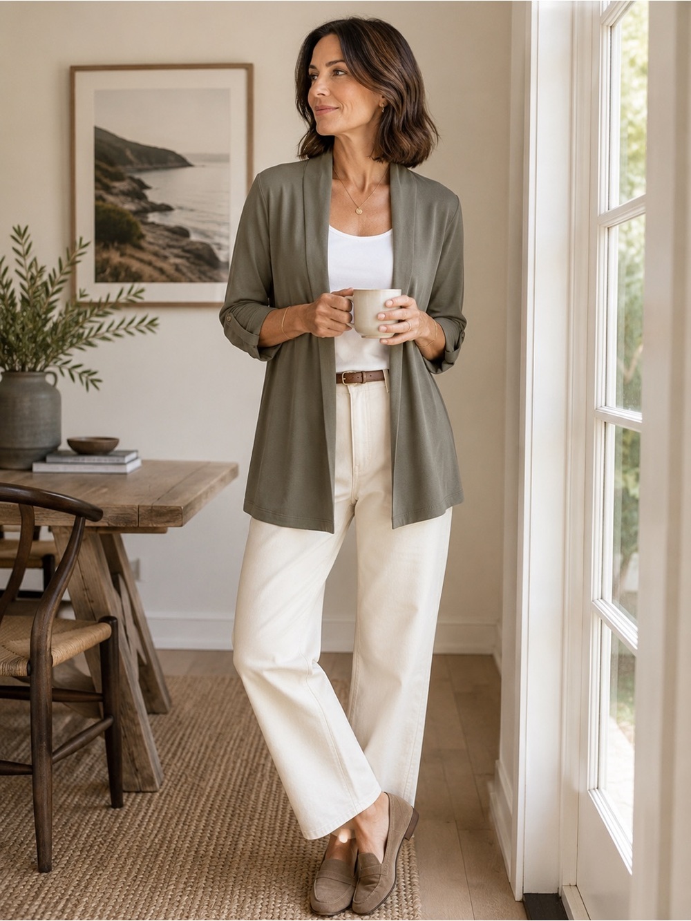 E.L.I. Pima Cotton NWT Open Front Cardigan XS Olive Green 3/4 Ruched Sleeve